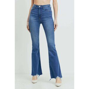 High Rise Flared Jeans with Ripped Hem Detail